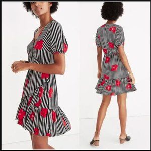 Madewell Black and White Striped Midi Dress with Red Floral Accents